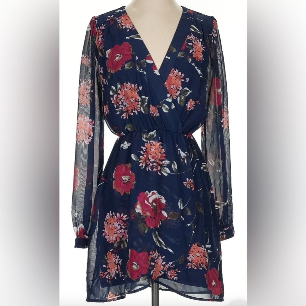 Lulus M Navy Blue Floral Print Mini Dress- Long Sleeve NWOT